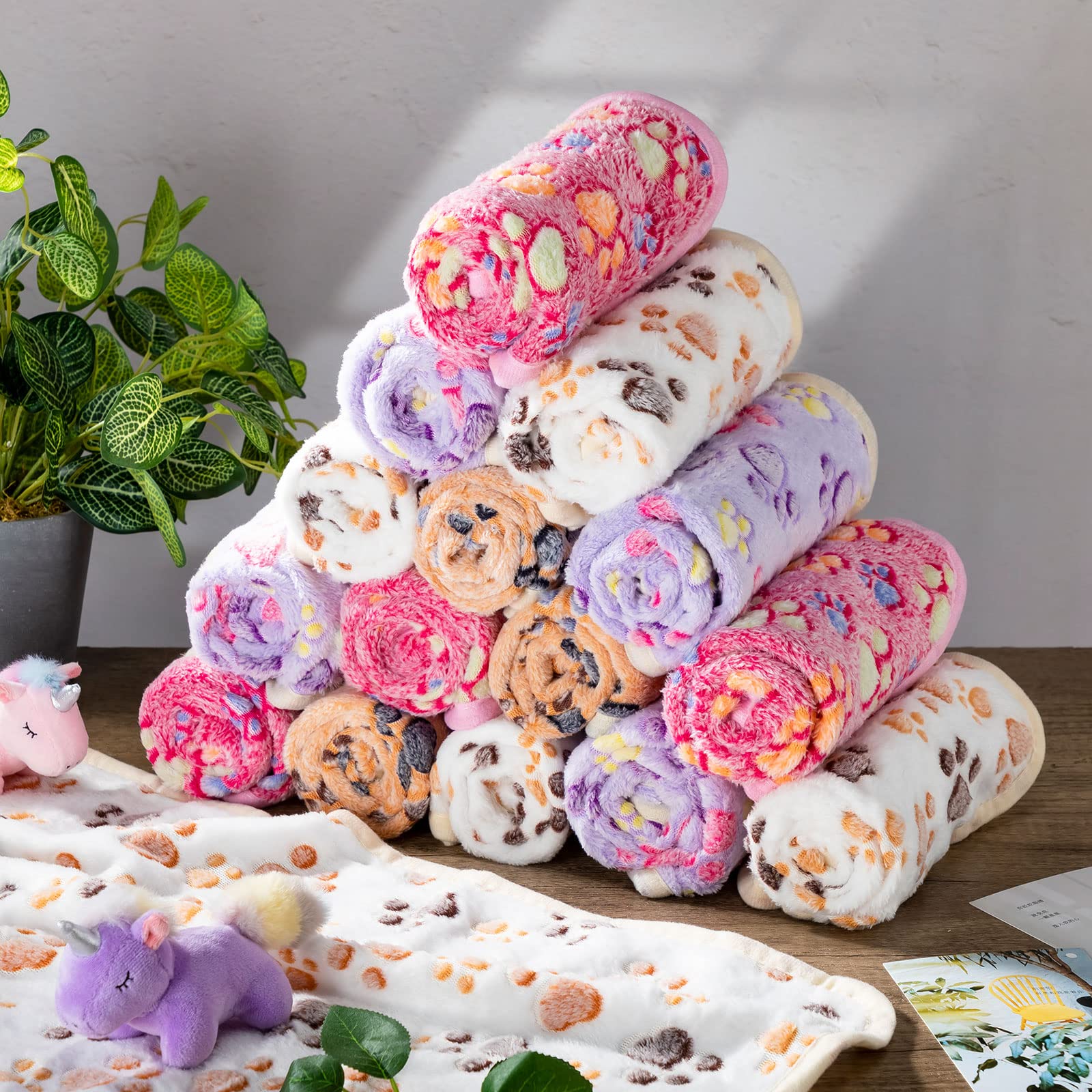 Chumia 40 Pcs Dog Blankets Soft Fluffy Fleece Washable Puppy Sleep Blankets Small Mat for Pets Throw Warm Bed Mat for Dog Puppy Cat (Pink,White,Brown,Purple,Paw)