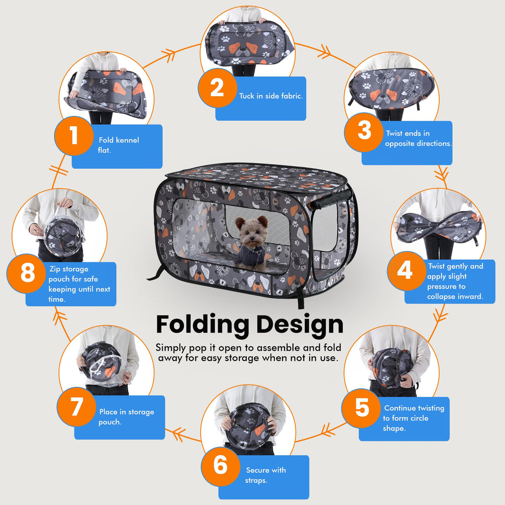 Portable Collapsible Pop Up Kennel, 24" L x 16.6" W x 16" H, Face of Love