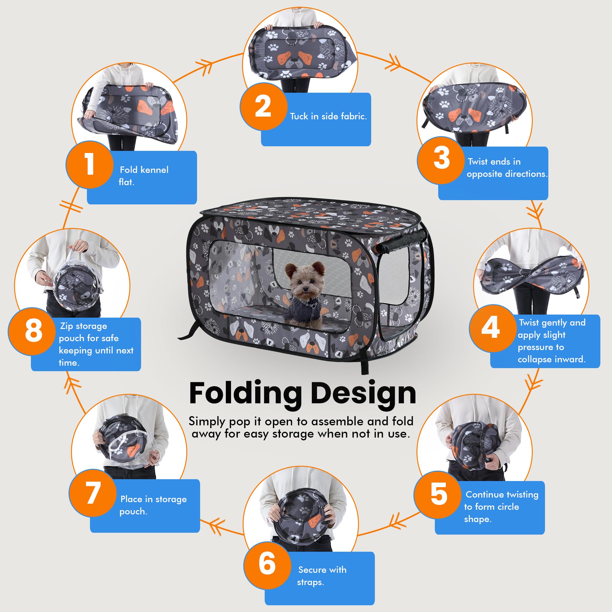 Portable Collapsible Pop Up Kennel, 24" L x 16.6" W x 16" H, Face of Love
