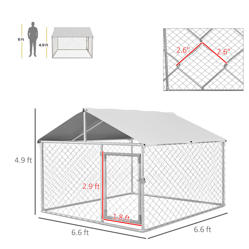 PawHut Outdoor Dog Kennel, Heavy Duty Dog Run Outdoor Fence with Waterproof Cover, Galvanized Chain Link, Secure Lock, for Large Breeds, Chickens, Ducks, 6.5' x 6.5' x 5'
