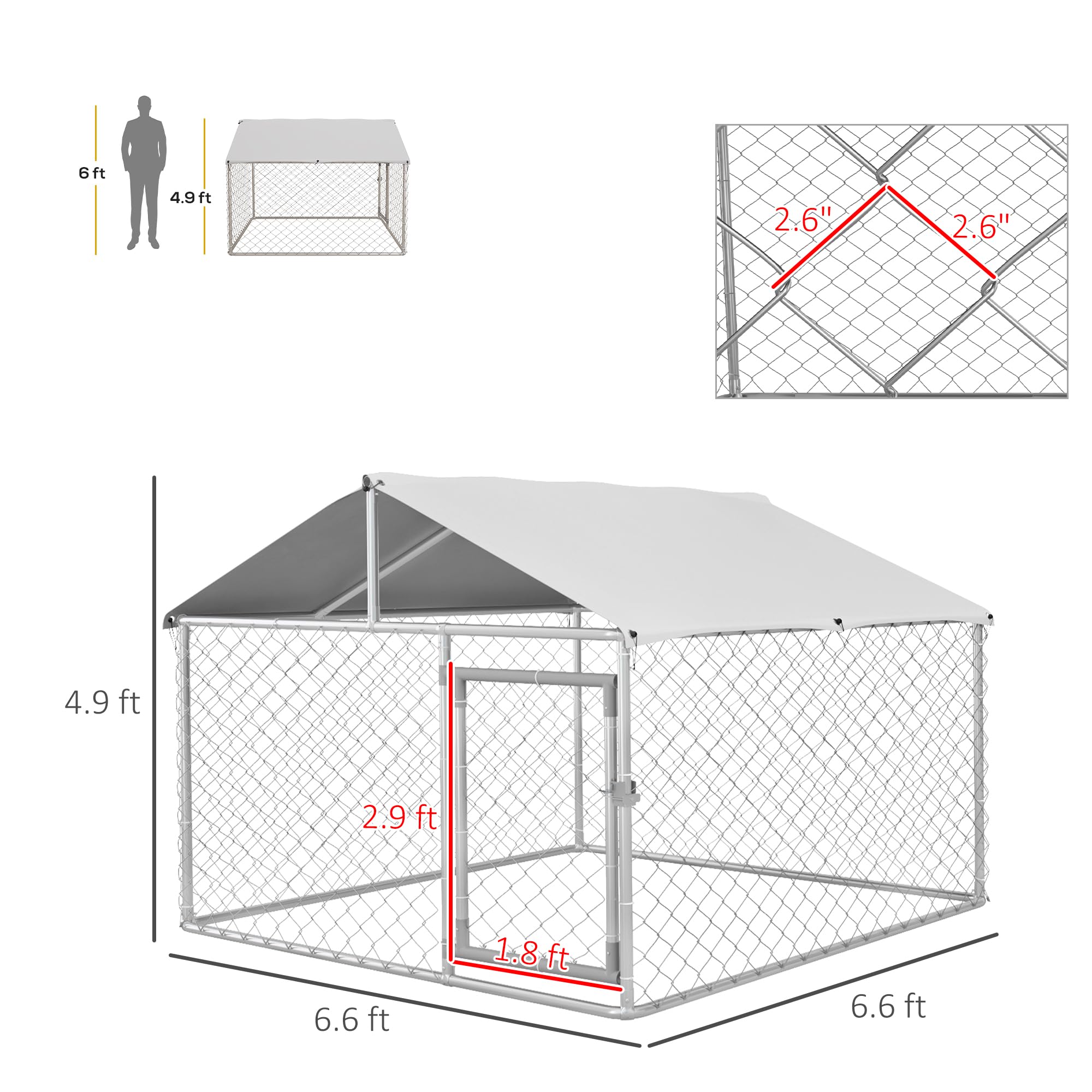 PawHut Outdoor Dog Kennel, Heavy Duty Dog Run Outdoor Fence with Waterproof Cover, Galvanized Chain Link, Secure Lock, for Large Breeds, Chickens, Ducks, 6.5' x 6.5' x 5'