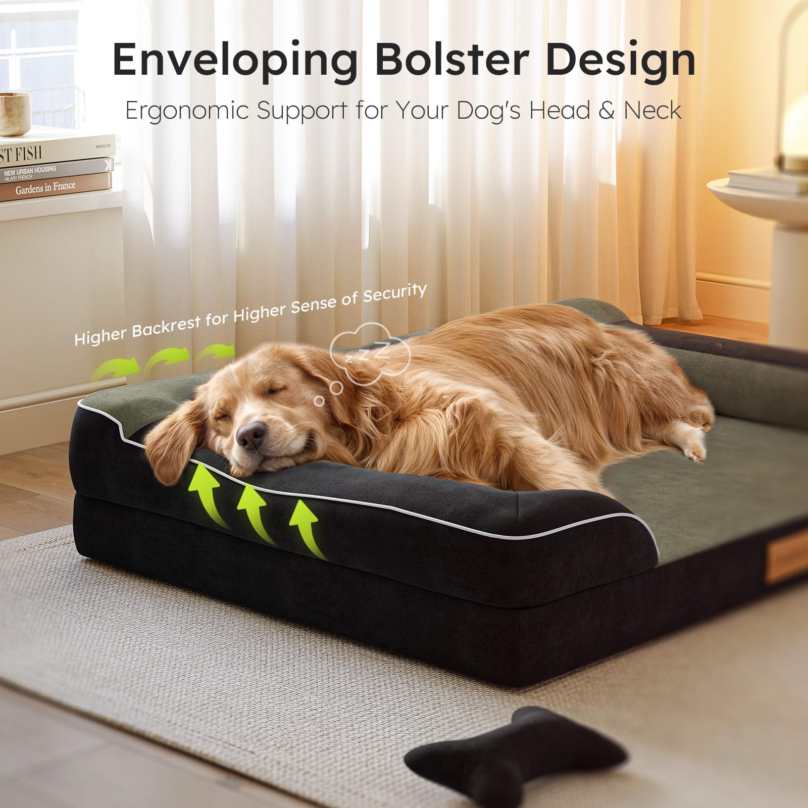 CWAWZ Jumbo Dog Bed for Extra Large Dogs, Orthopedic Dog Bed with Cooling Gel Memory Foam, Waterproof Pet Bed with Removable Washable Cover, 45" Pet Sofa Couch Dutch Velvet with Bone Toy, Black