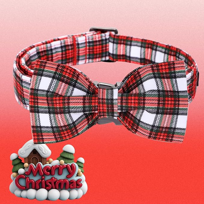 Bobo Rainbow Christmas Dog Collar, Red Plaid Cotton Collars with Bow Adjustable Pet Collar Premium Metal Buckle, Christmas Puppy Necklace for Small Girl and Boy Dogs