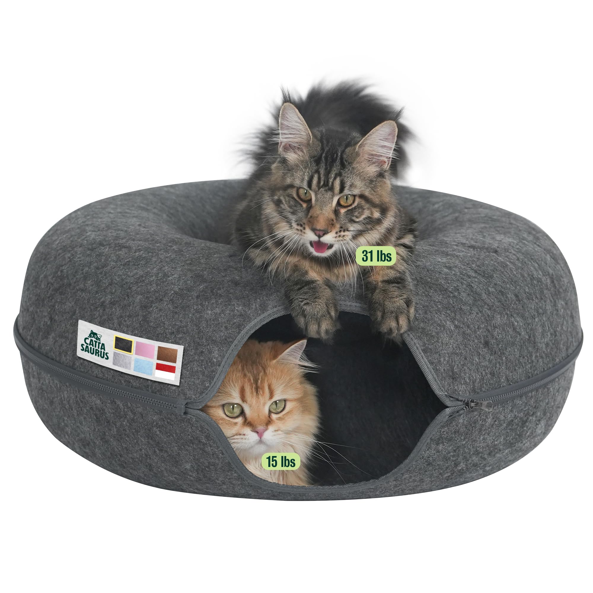 Cattasaurus Peekaboo Cat Cave Donut for Multiple & Large Cats up to 30-45 lbs, 3-in-1 Self Warming Cat Bed, Tunnel & Scratcher for Indoor Cats, Washable & Detachable Small Dog Bed (Dark Gray, Jumbo)
