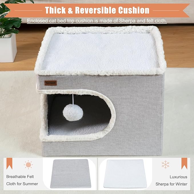 Garnpet Cat Bed for Indoor Cats Cube House, Covered Cat Cave Beds & Furniture with Scratch Pad and Hideaway Tent, Cute Modern Cat Condo for Multi Small Pet Large Kitten Kitty, Khaki