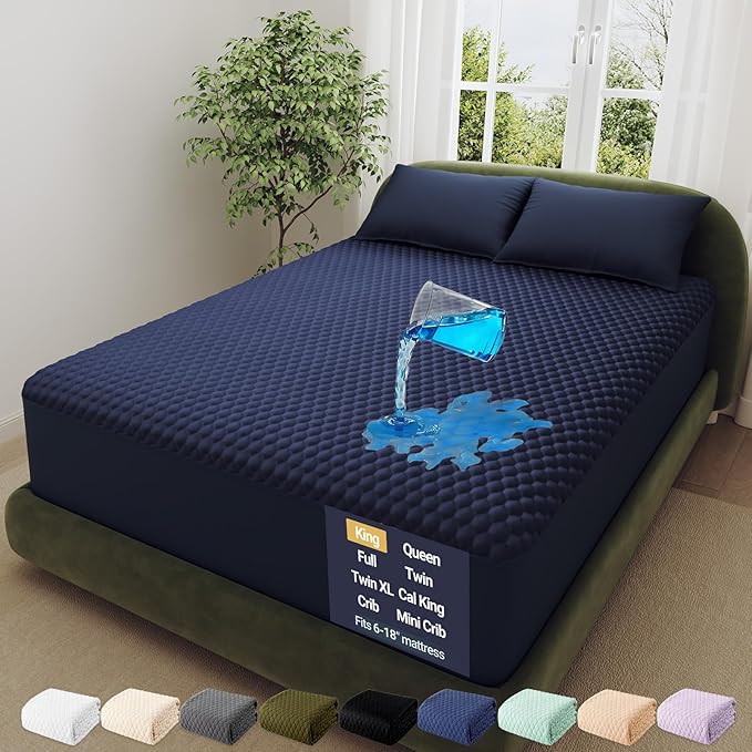 OhGeni 100% Waterproof Mattress Protector, King-Navy Blue Size Mattress Pad, Fits 6"-20" Mattresses with Deep Pocket, Cooling, Breathable Fitted Sheets, Soft Bed Cover, Noiseless, Machine Washable
