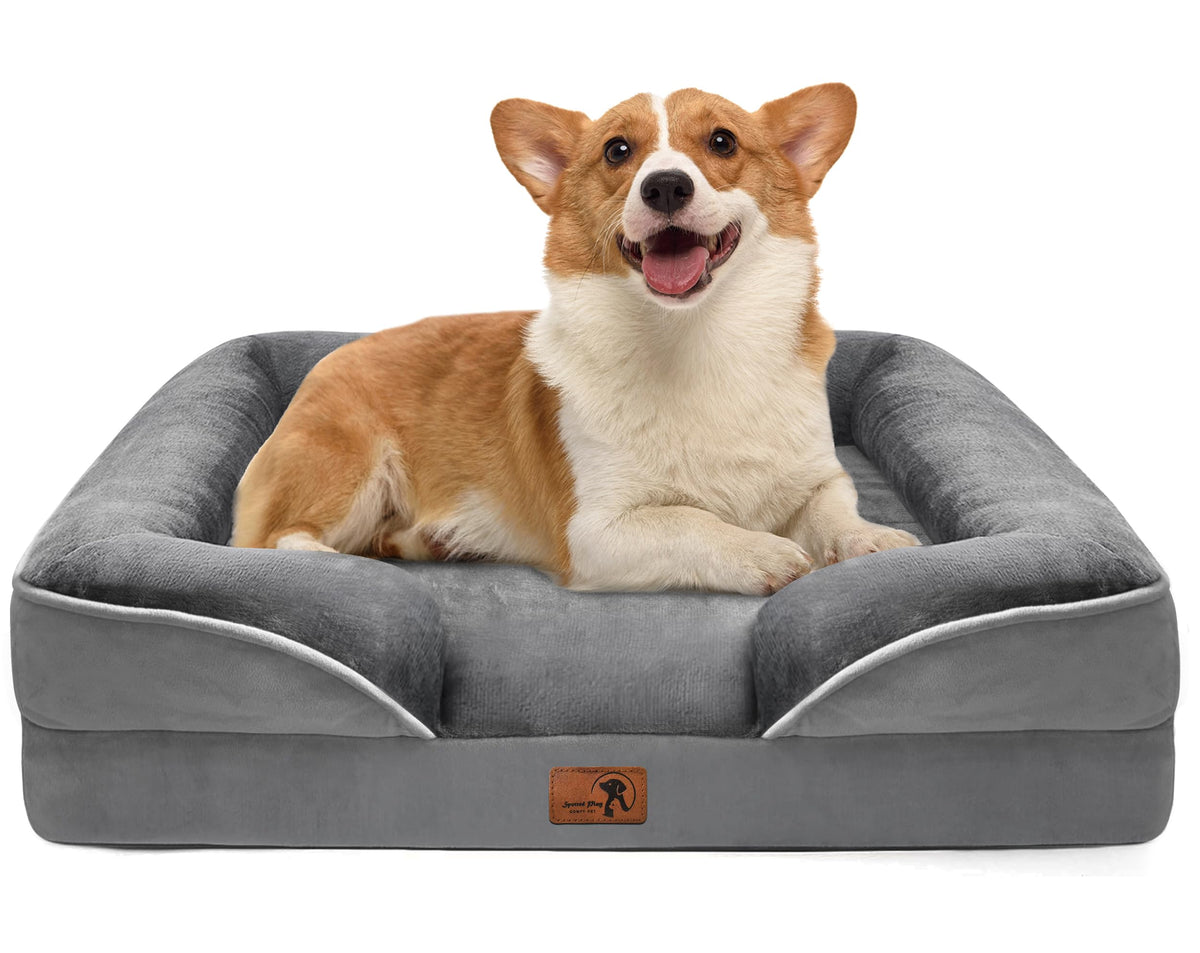 Spotted Play Orthopedic Dog Bed with Sides - Dog Sofa Beds for Extra Large Dogs, Supportive Foam Pet Couch Bed with Washable Removable Cover, Waterproof Lining and Non-Slip Bottom, Grey - XL