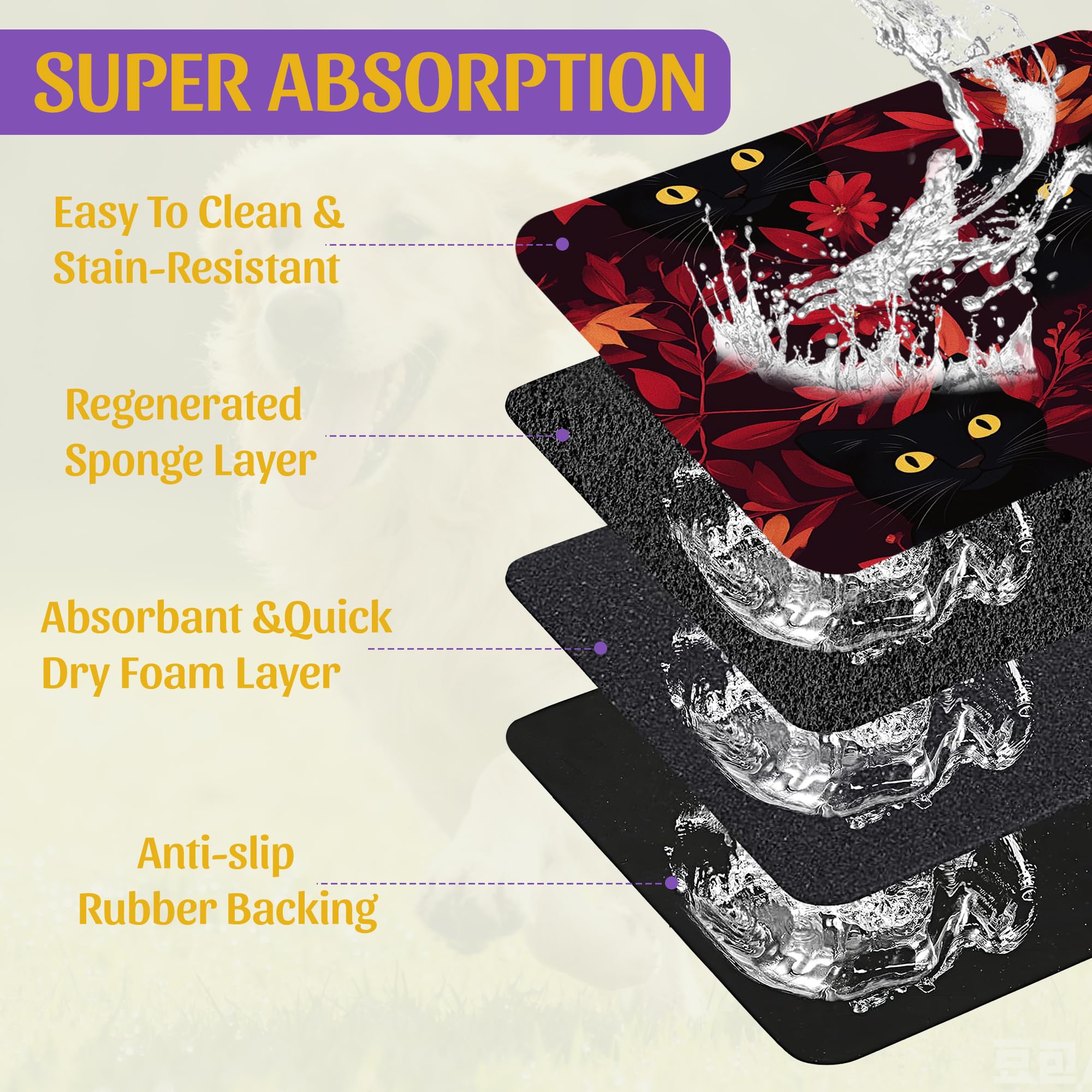 Black Cat Forest Pet Feeding Mat, Fast-Dry Absorbent Dog and Cat Bowl Mat, Waterproof Non-Slip Base for Messy Eaters, Indoor Pet Accessories – 16x24 Inch