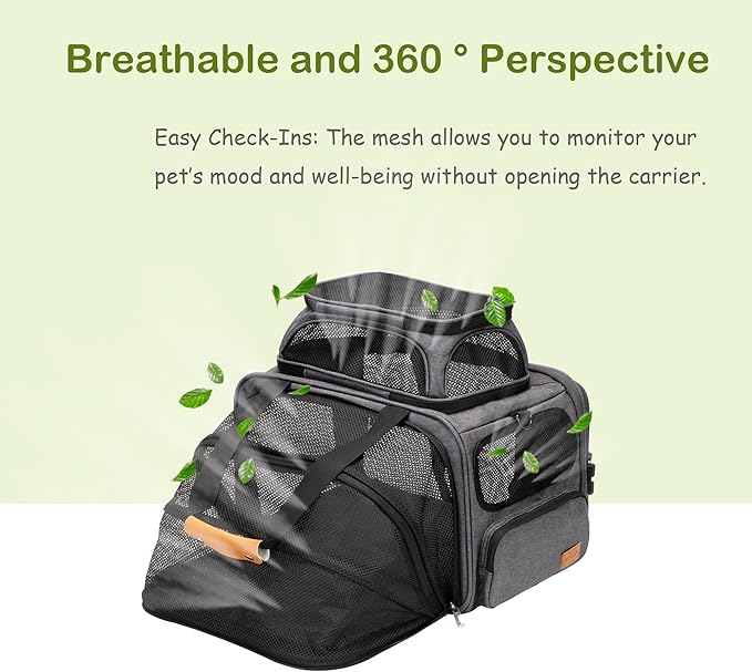 MOYLLOG Expandable Pet Carrier Bag - Airline-Approved, Breathable Mesh, Secure Zippers, Padded Handle & Multi-Pockets (Light Grey)