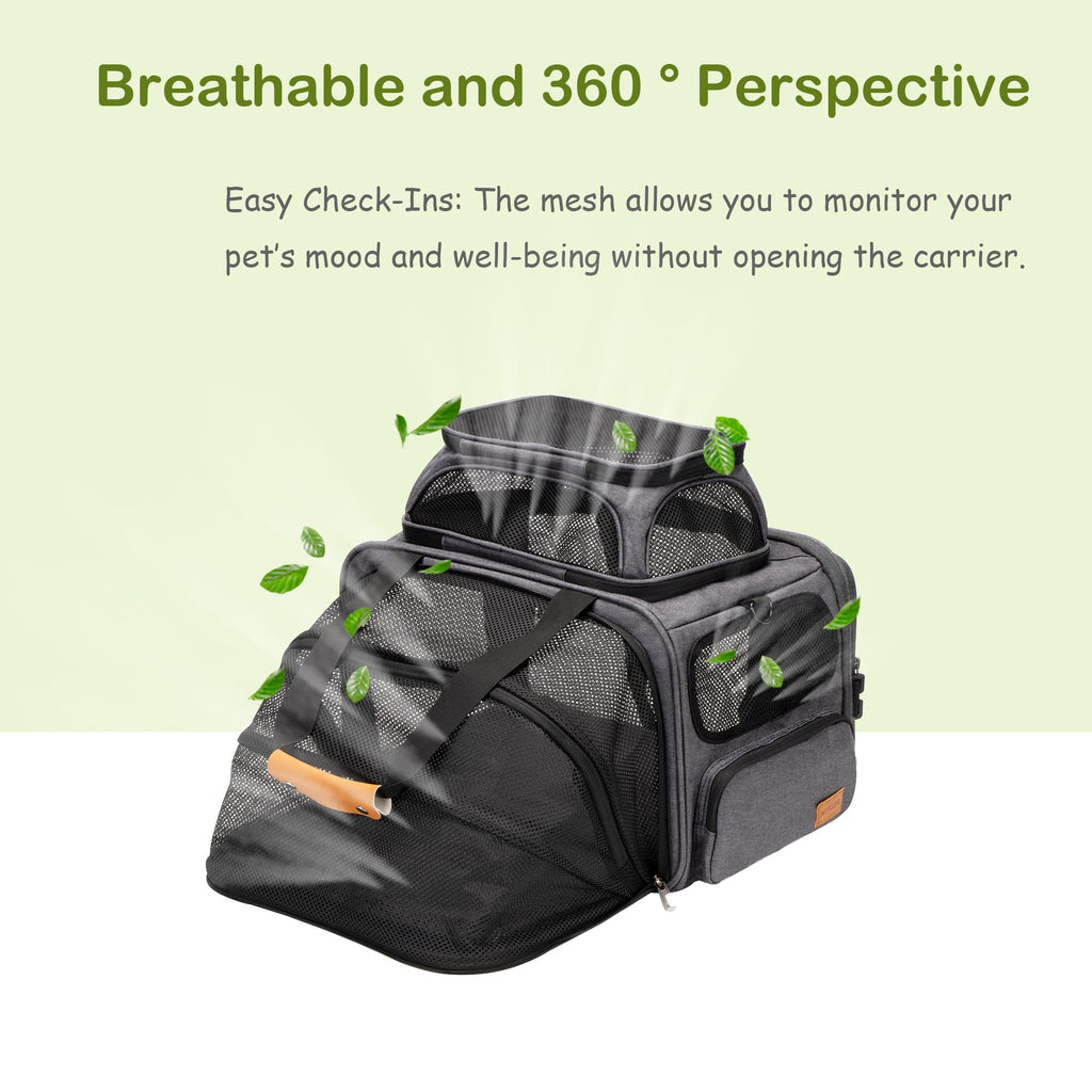 MOYLLOG Expandable Pet Carrier Bag - Airline-Approved, Breathable Mesh, Secure Zippers, Padded Handle & Multi-Pockets (Light Grey)