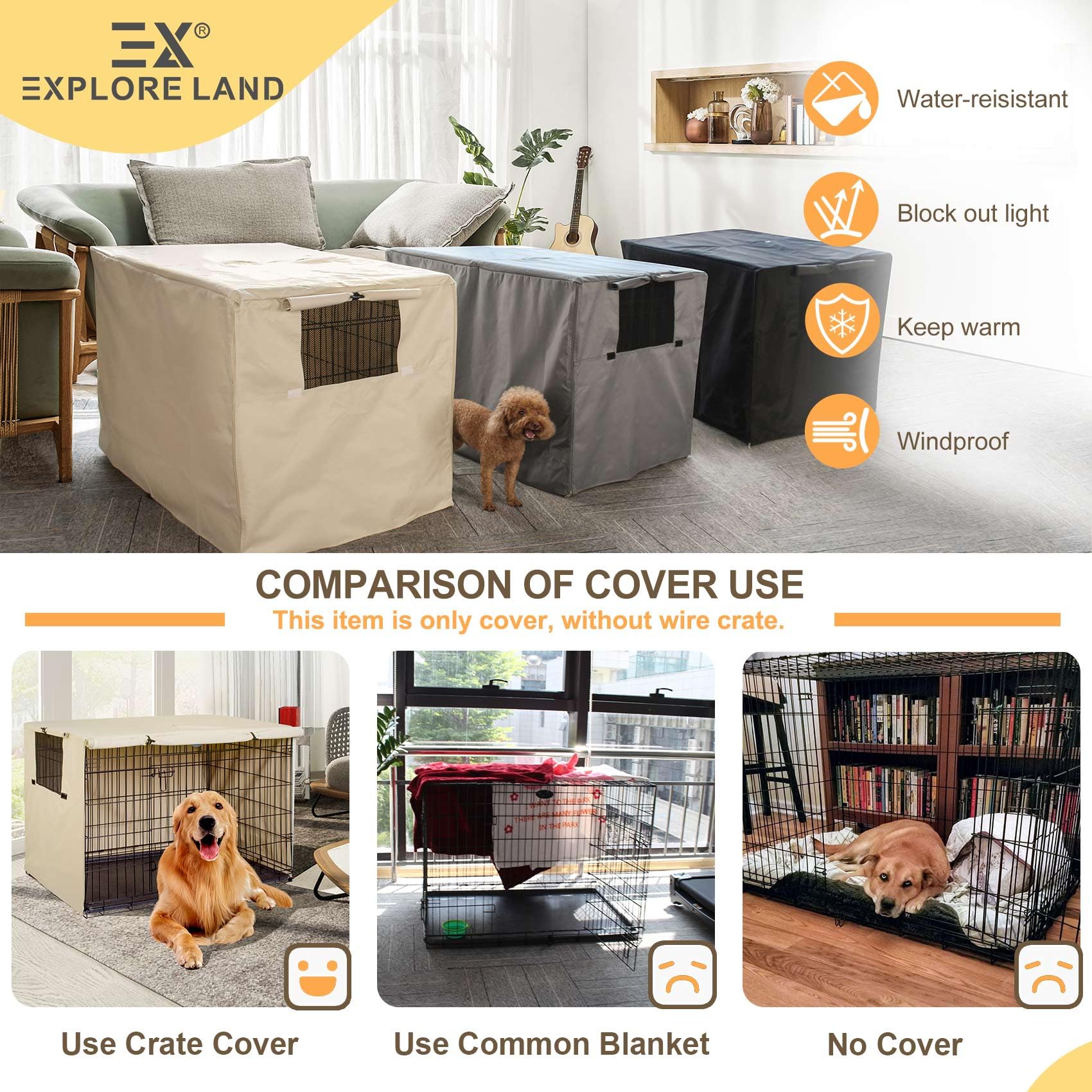 Explore Land 54 inches Dog Crate Cover Heavy Duty Polyester Pet Kennel Sunshade Universal Fit for Wire Cage (Light Tan)