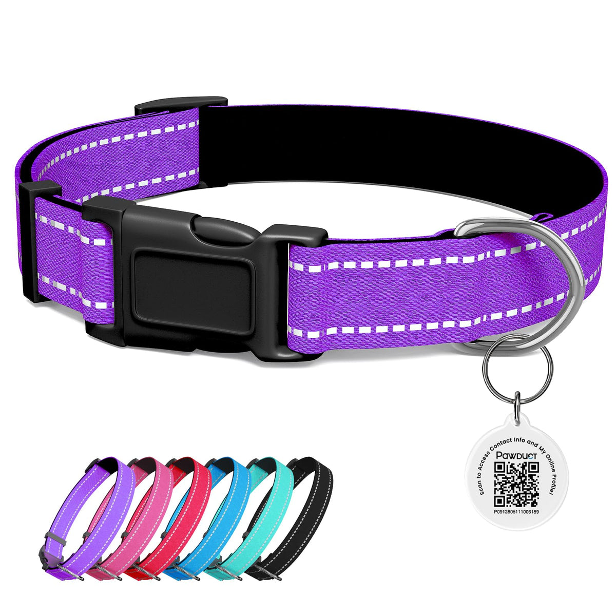 Pawduct Personalized Dog Collar with QR Code Tag, Puple, Small