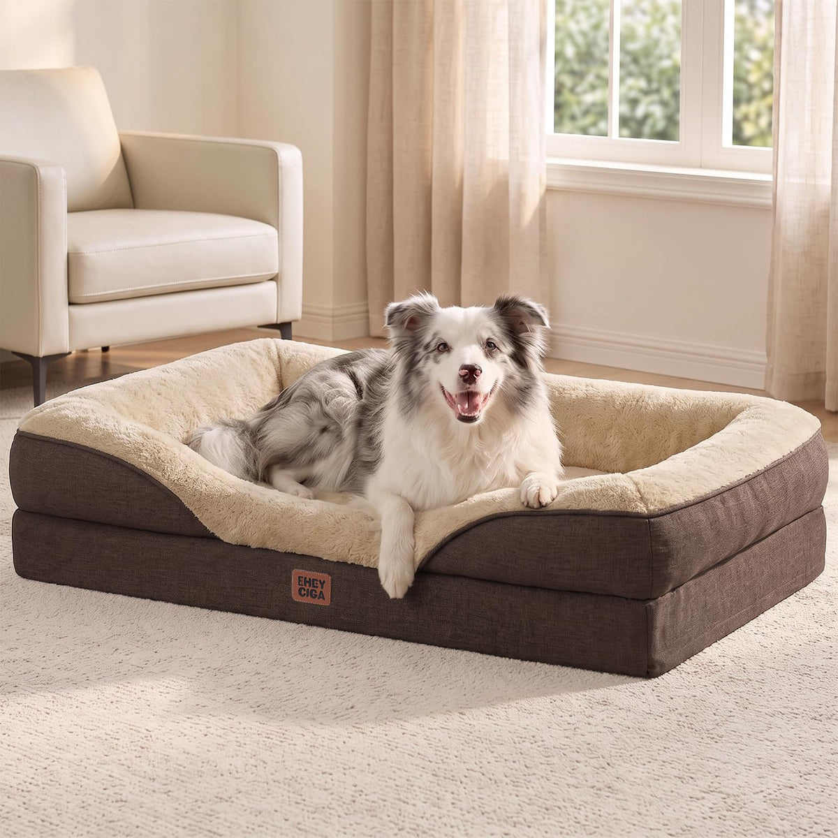 EHEYCIGA Orthopedic XL Dog Bed for Large Dog, Memory Foam Dog Couch, Beige