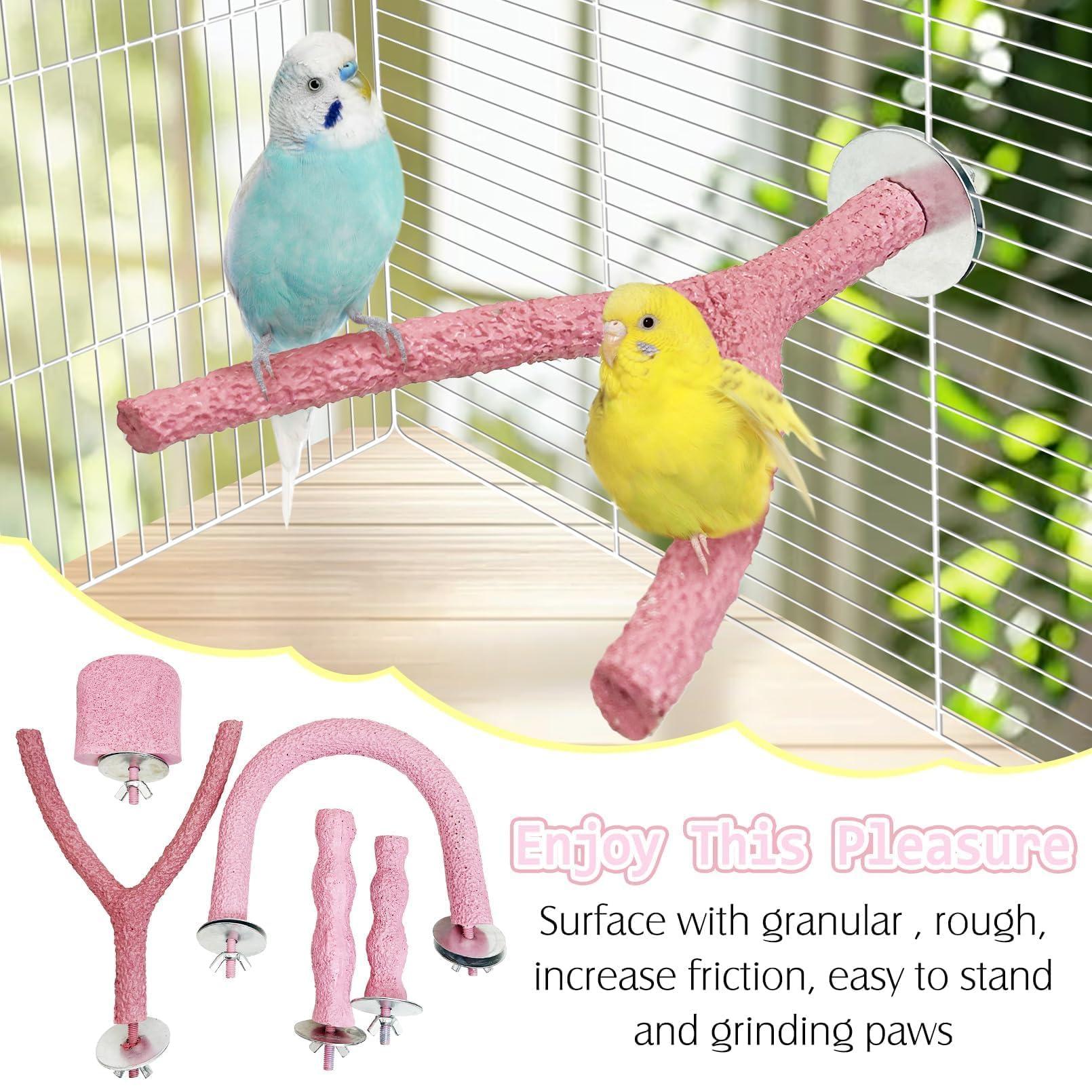 PINVNBY 5 Pack Bird Perch Resin Bird Beak Grinding Stone Parrot Cage Stand Platform Foot Claws Trimmer Chew Toy Cage Accessories for Budgie Cockatiel Conure Lovebird Finch (Pink)
