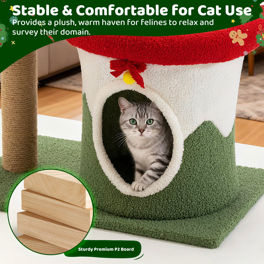 COSIEST 30in Christmas Cat Tree for Kittens, Kitty Condo with Top Perch, Small Cat Tree House with Sisal Scratching Posts, Cat Safe Christmas Tree Tower for Indoor Cats, Activity Center, Red & Green
