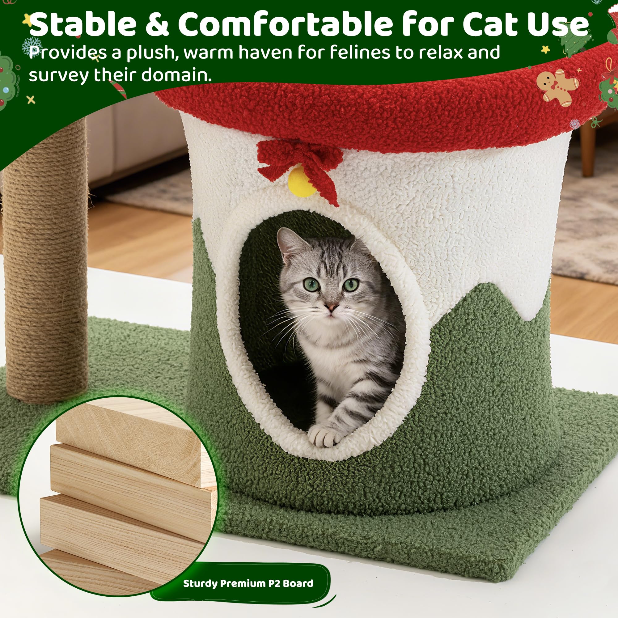 COSIEST 30in Christmas Cat Tree for Kittens, Kitty Condo with Top Perch, Small Cat Tree House with Sisal Scratching Posts, Cat Safe Christmas Tree Tower for Indoor Cats, Activity Center, Red & Green