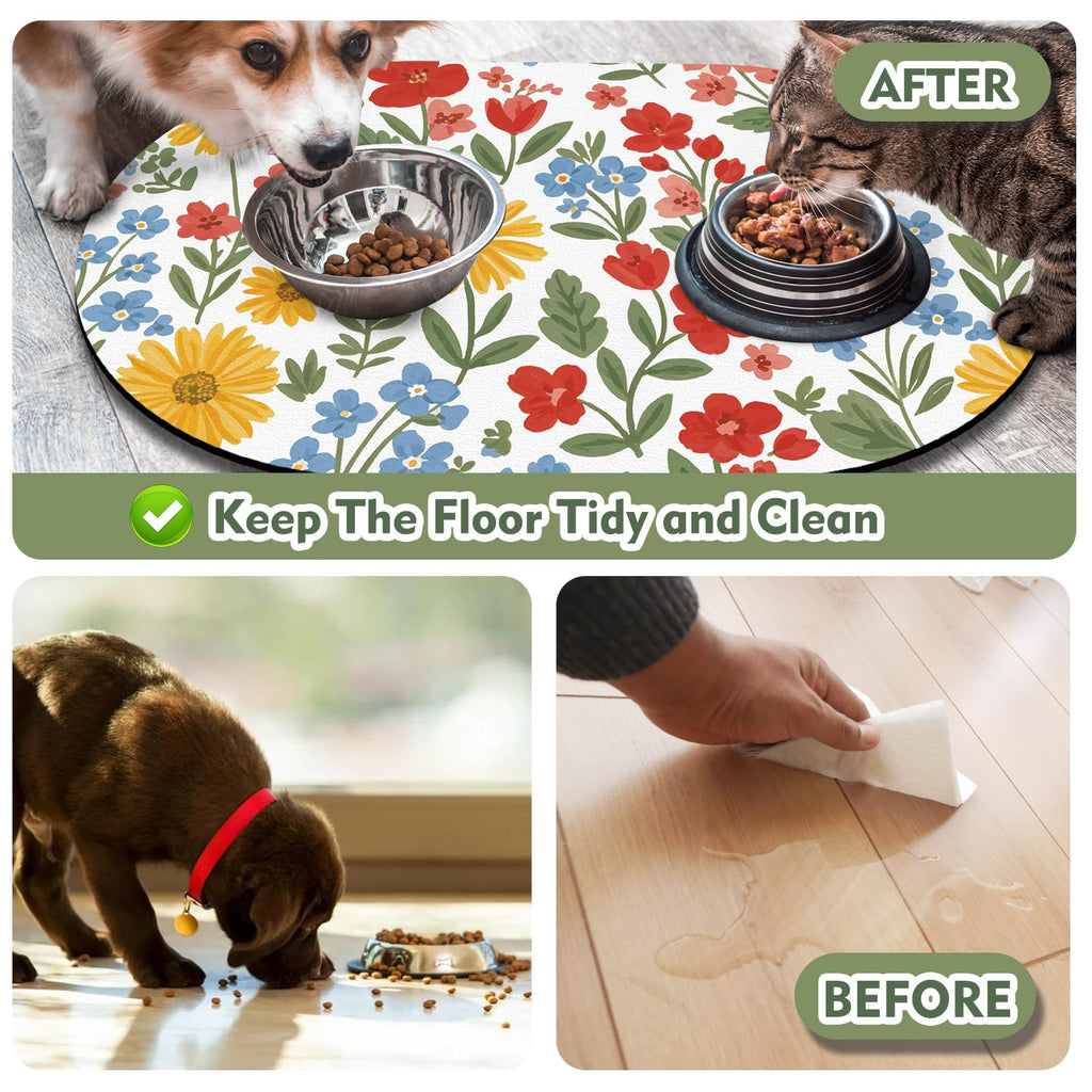 Absorbent Cat Mats for Food and Water 24''x16'', Non-Slip Rubber Mat for Cats Bowls, Easy Store Pet Food Placemat, Mats for Under Cats Food Bowls, Fit with Kitchen, Living Room, White Floral