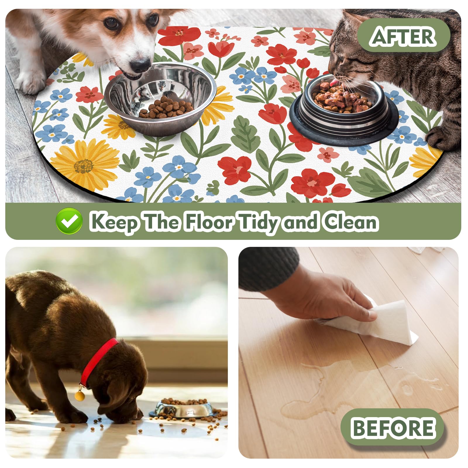 Absorbent Cat Mats for Food and Water 24''x16'', Non-Slip Rubber Mat for Cats Bowls, Easy Store Pet Food Placemat, Mats for Under Cats Food Bowls, Fit with Kitchen, Living Room, White Floral
