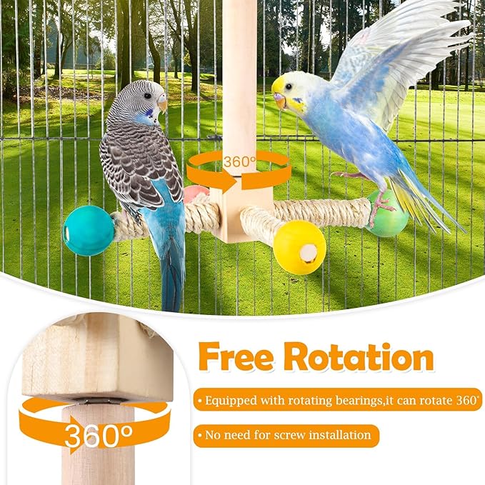FrgKbTm Rotating Bird Perches Toy, Interactive Spinning Parrot Parakeet Toys, Wooden Exercise Stand Bird Cage Accessories for Budgies,Cockatiels,Small Birds