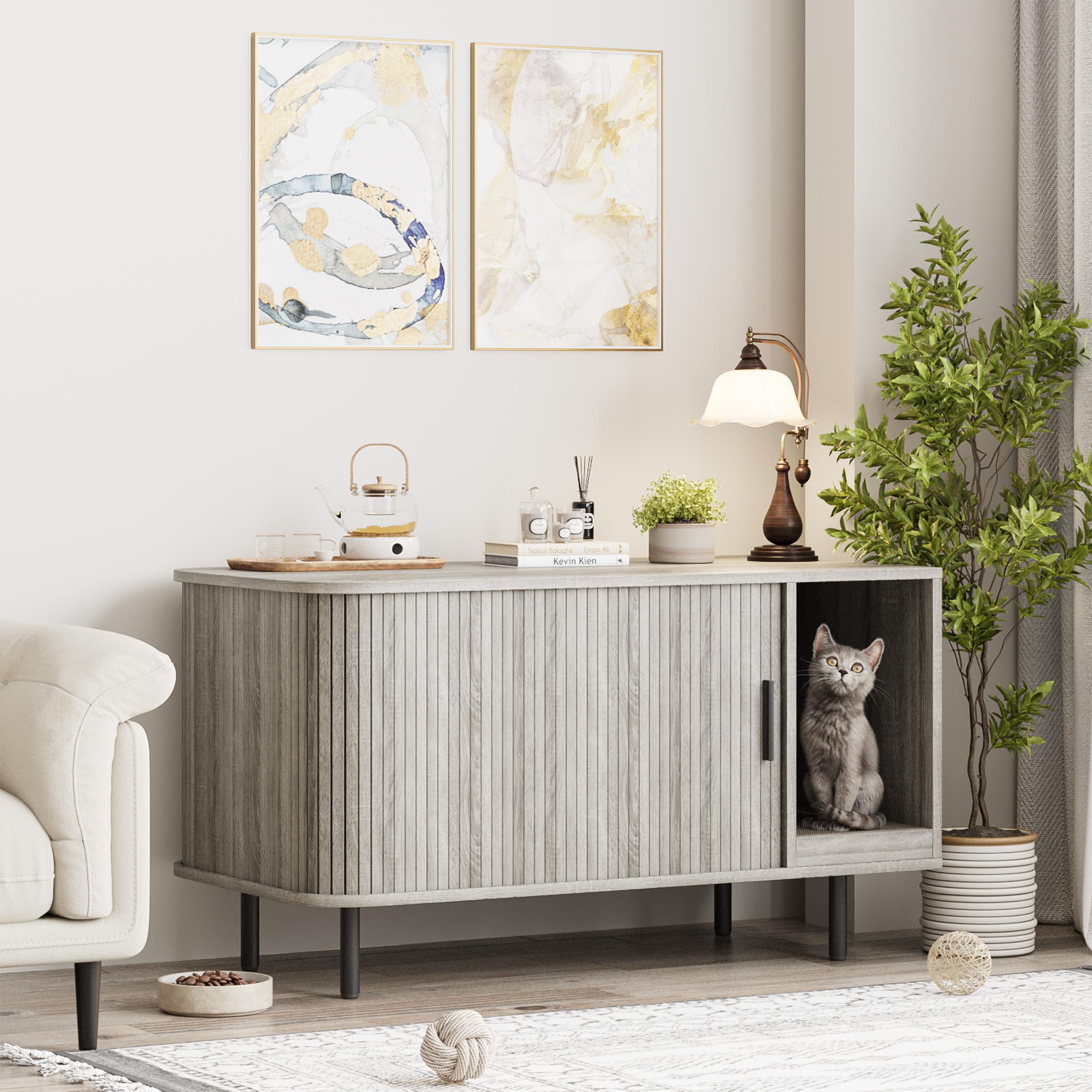 Halitaa 37.4" Cat Litter Box Enclosure with Scratch Pad, Sliding Door