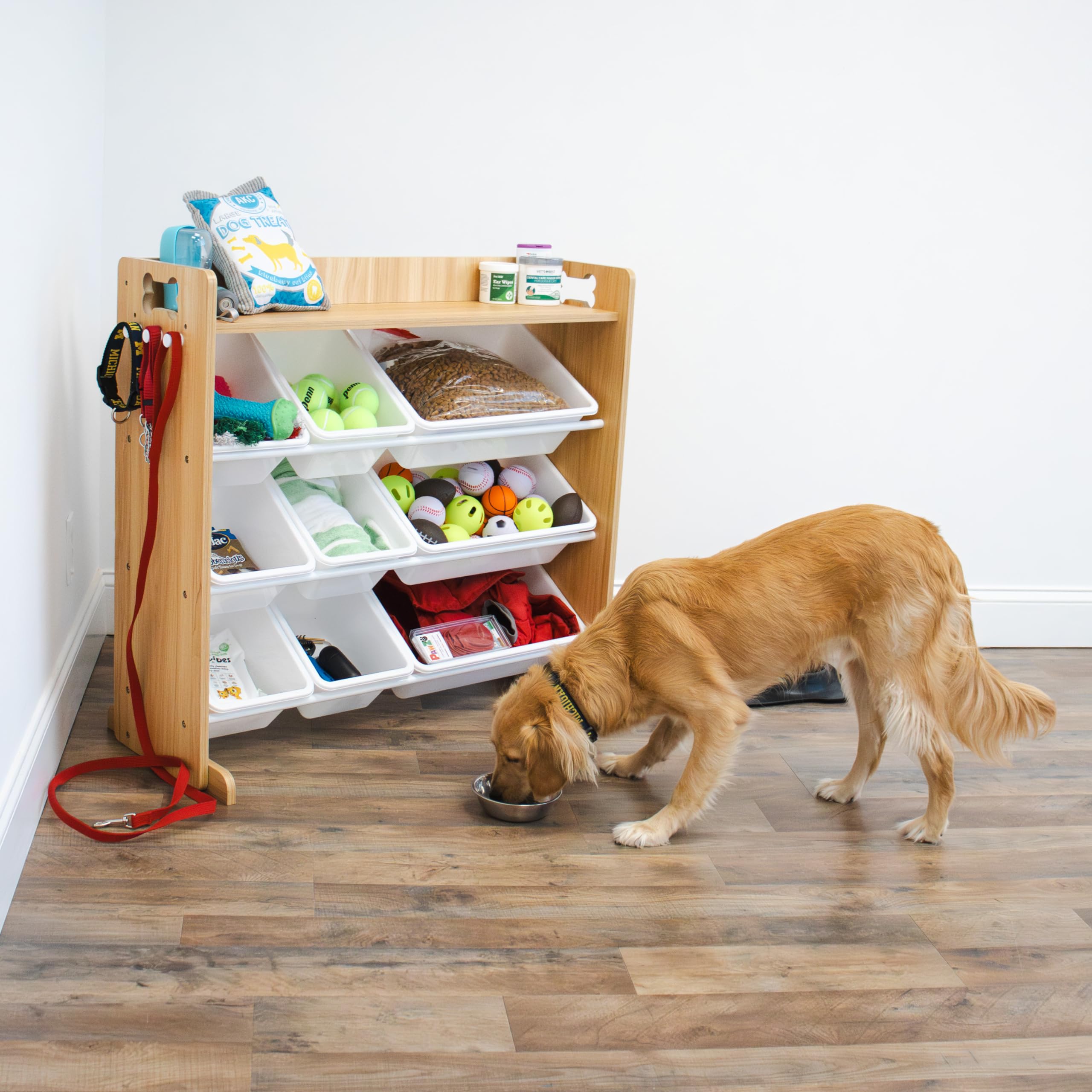 Humble Crew Aspen Pet Supplies Organizer with Shelf and 9 Storage Bins – Natural Wood Frame with White Bins, Hooks & Bone Cutout Handles for Dogs, Cats & Small Pets