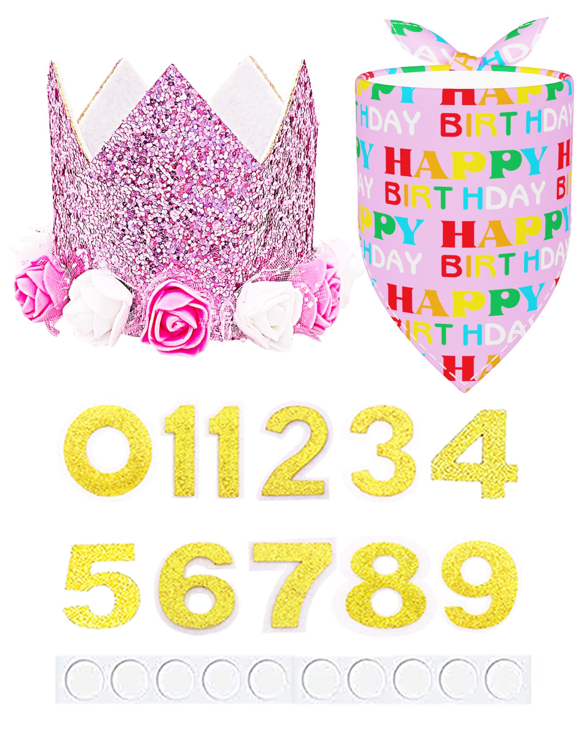 PET SHOW Pink Crown Hat Dog Birthday Party Supplies for Girls Female Pets Small Medium Large Dogs Cats Birthday Hat and Plaid Bandana with 0-9 Numbers and Glue