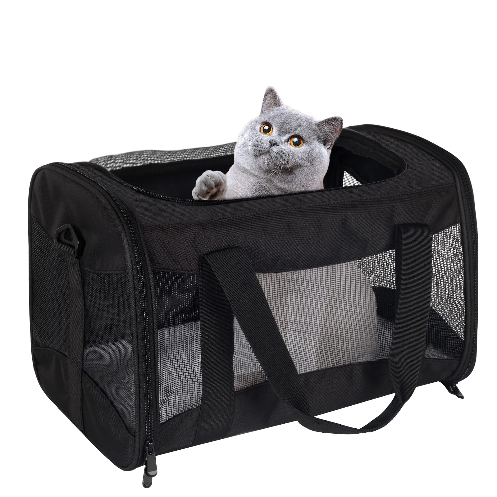 Cat Carrying Case - Pet Carrier Airline Approved, Protable and Breathable Pet Travel Carrier Removable Fleece Pad, Collapsible Cat Carrier Dog Carrier for Medium Cats Small Cats Dogs (Small, Black)