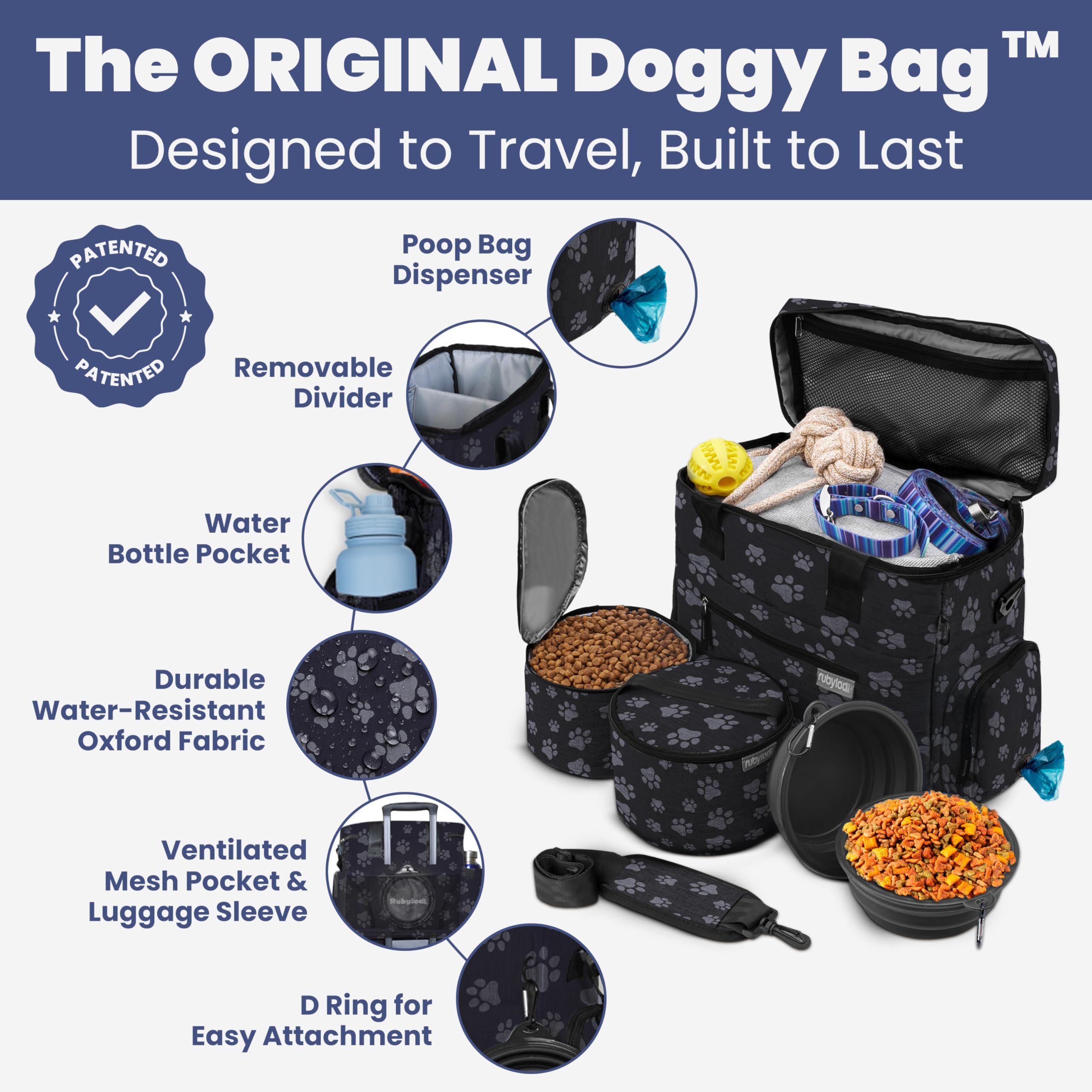 Rubyloo Original Doggy Bag™ Dog Travel Bag for Supplies with Travel Bowls