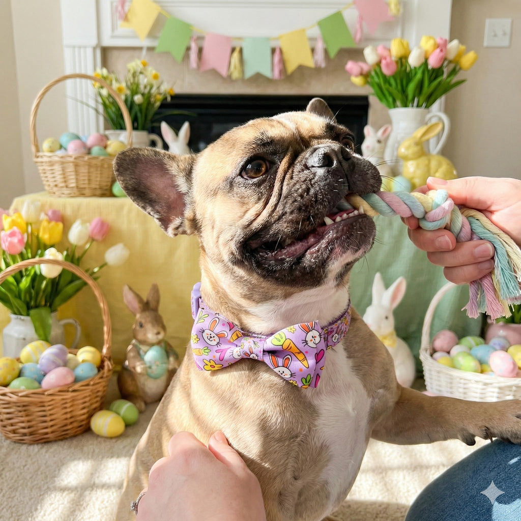Easter Dog Collar with Bow Tie Set, Adjustable Purple Bunny and Carrot Pattern Pet Collar, Cute Spring Flower Holiday Neckwear for Small, Medium, and Large Dogs