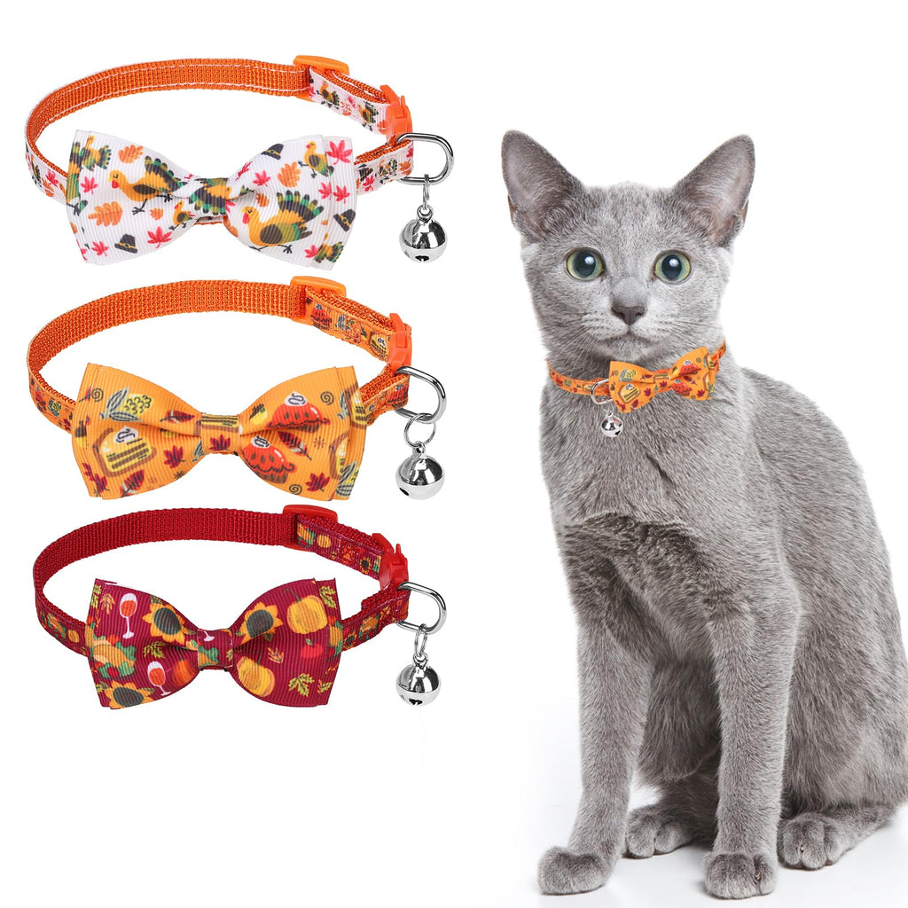 SCENEREAL Thanksgiving Cat Collar Breakaway, 3 Pack Kitten Collars with Bell, Bowtie and Safety Buckle - Adjustable Cute Holiday Cat Collars with Turkey and Pumpkin Pattern for Girl Boy