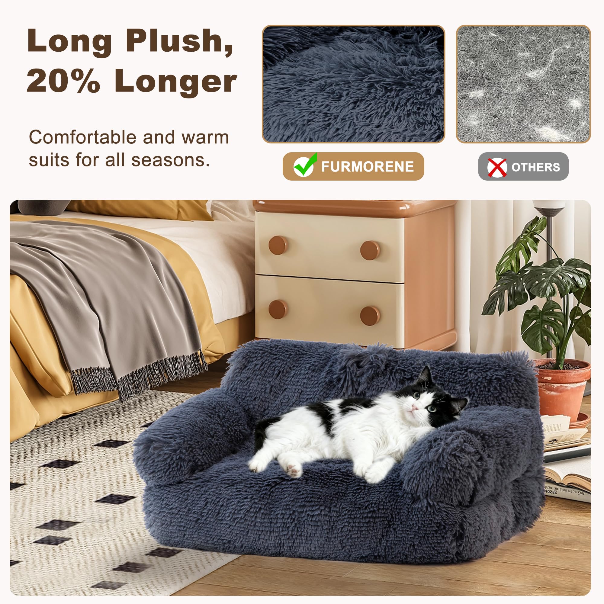 FURMORENE Cat Beds for Indoor Cats, Dog Couch Bed, Cute Cat Couch Sofas, Small Dog Sofas & Chairs with Removable Washable Cover, Warm Soft Pet Furniture for 20lbs Small Dog & Cat, Plush Dark Grey