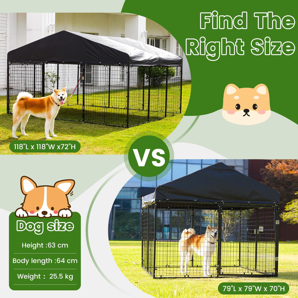 Petony Large Outdoor Dog Enclosure,Heavy Duty Dog Cage with Roof,Galvanized Steel Dog Kennel Fence with Double Safety Locks(79”W x 79”D)