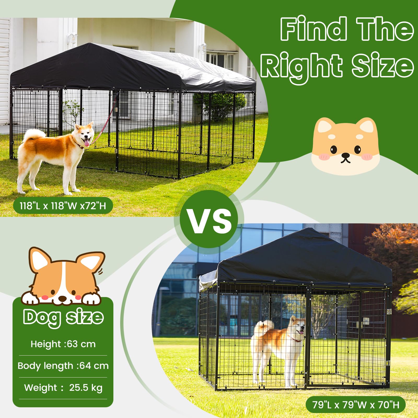 Petony Large Outdoor Dog Enclosure,Heavy Duty Dog Cage with Roof,Galvanized Steel Dog Kennel Fence with Double Safety Locks(79”W x 79”D)