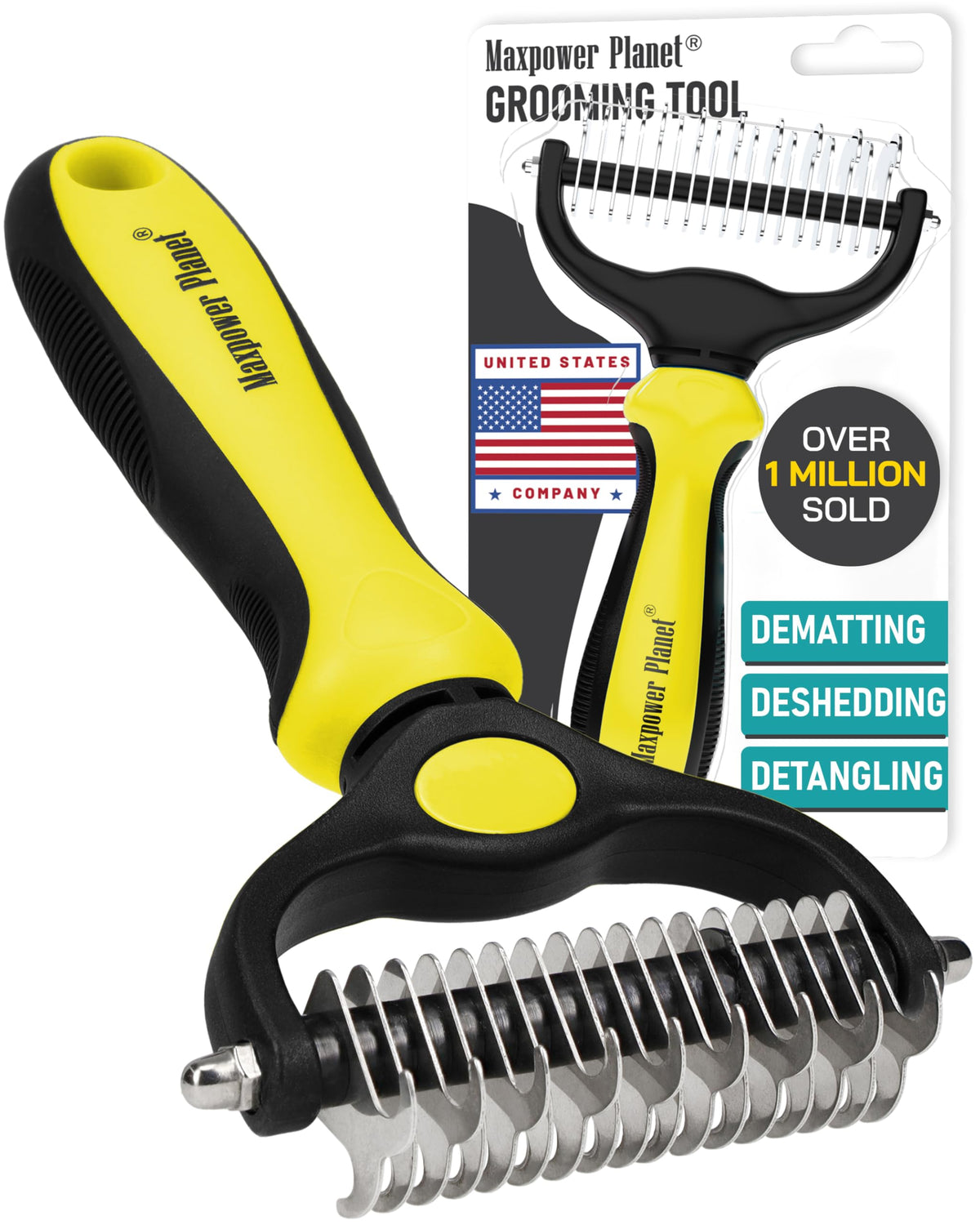 Maxpower Planet Pet Grooming Brush - Double Sided Dematting Undercoat Rake for Dogs and Cats, Extra Wide Pet Brush to Reduce Shedding by 95% (Blue, S)