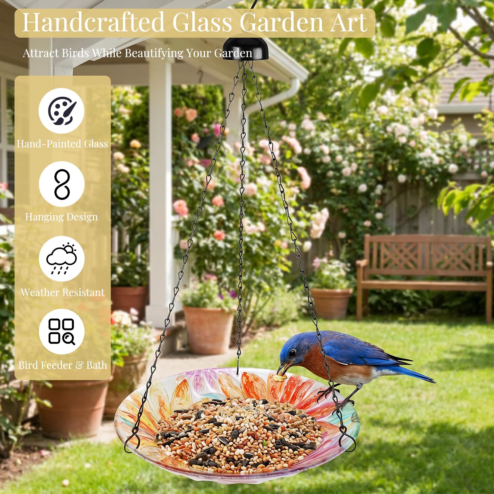 VCUTEKA Hanging Bird Bath Outdoor Glass Bird Baths Feeder for Garden Decor