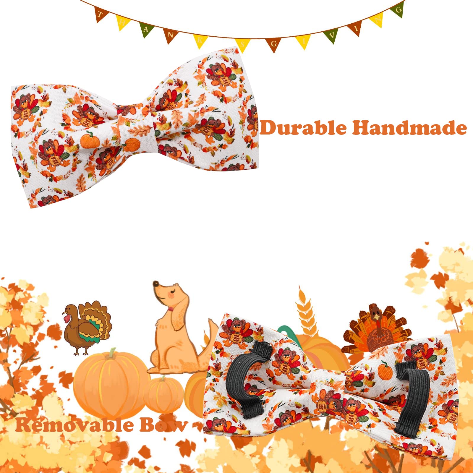 Bobo Rainbow Dog Collar - Thanksgiving Turkey Bowtie Gift, Soft Bow Adjustable Metal Buckle for Small Dogs