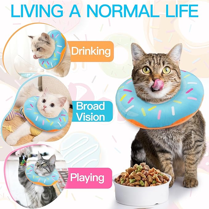 Cat Cone Collar Soft, Cute Cat Donut Collar After Surgery, Adjustable Kitten Recovery Cones to Stop Licking, Lightweight Neck Elizabethan Collars for Cats Kittens (Blue, Large)