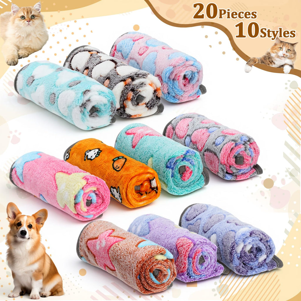 BrightRow 20 Pcs Puppy Blanket Bulk Soft Fluffy Flannel Pets Fleece Blankets for Small Dogs Throw Warm Bed Washable Sleep Mat Bed for Shelter Stray Dog Puppy Cat, 16x24 Inches
