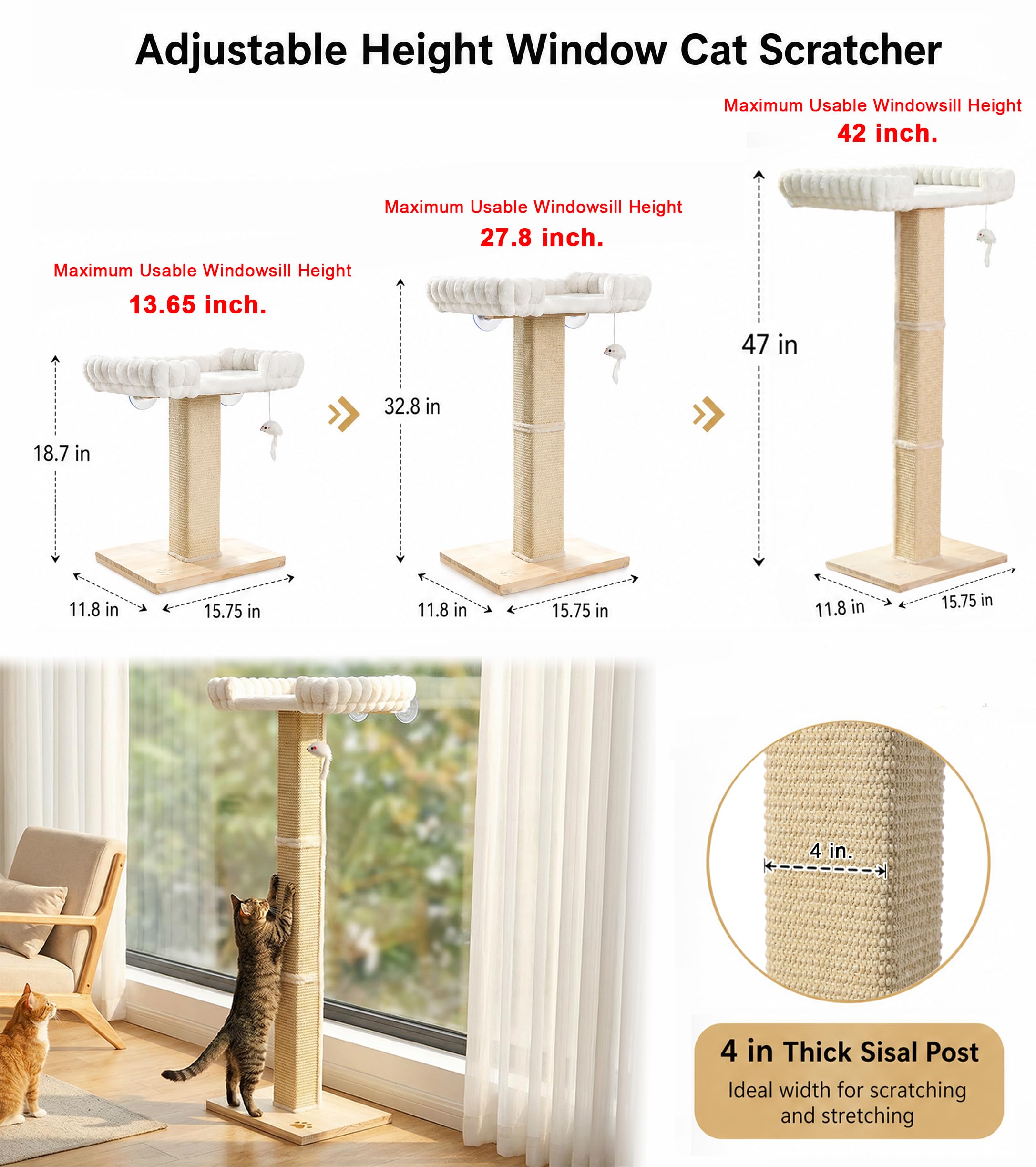 Cat Scratching Post with Large Window Perch, 47-Inch Tall Sisal Cat Tree