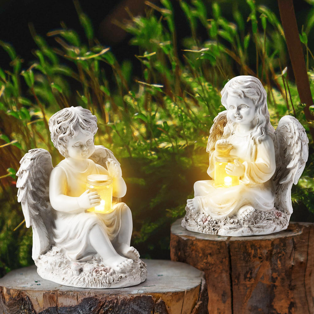 2 Pack Outdoor Angel Statue Garden Decor, Classic Solar Angel Figurine Decoration for Yard Art Indoor Porch Home Lawn Outside Light up Cherub Sculpture Guardian Wings Angel Memorial Gifts Christmas