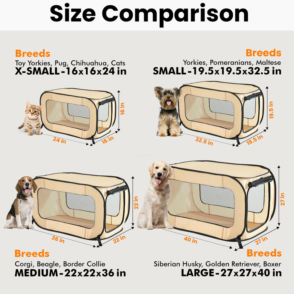 Portable Collapsible Pop Up Kennel, 36" L x 22" W x 22" H, Beige