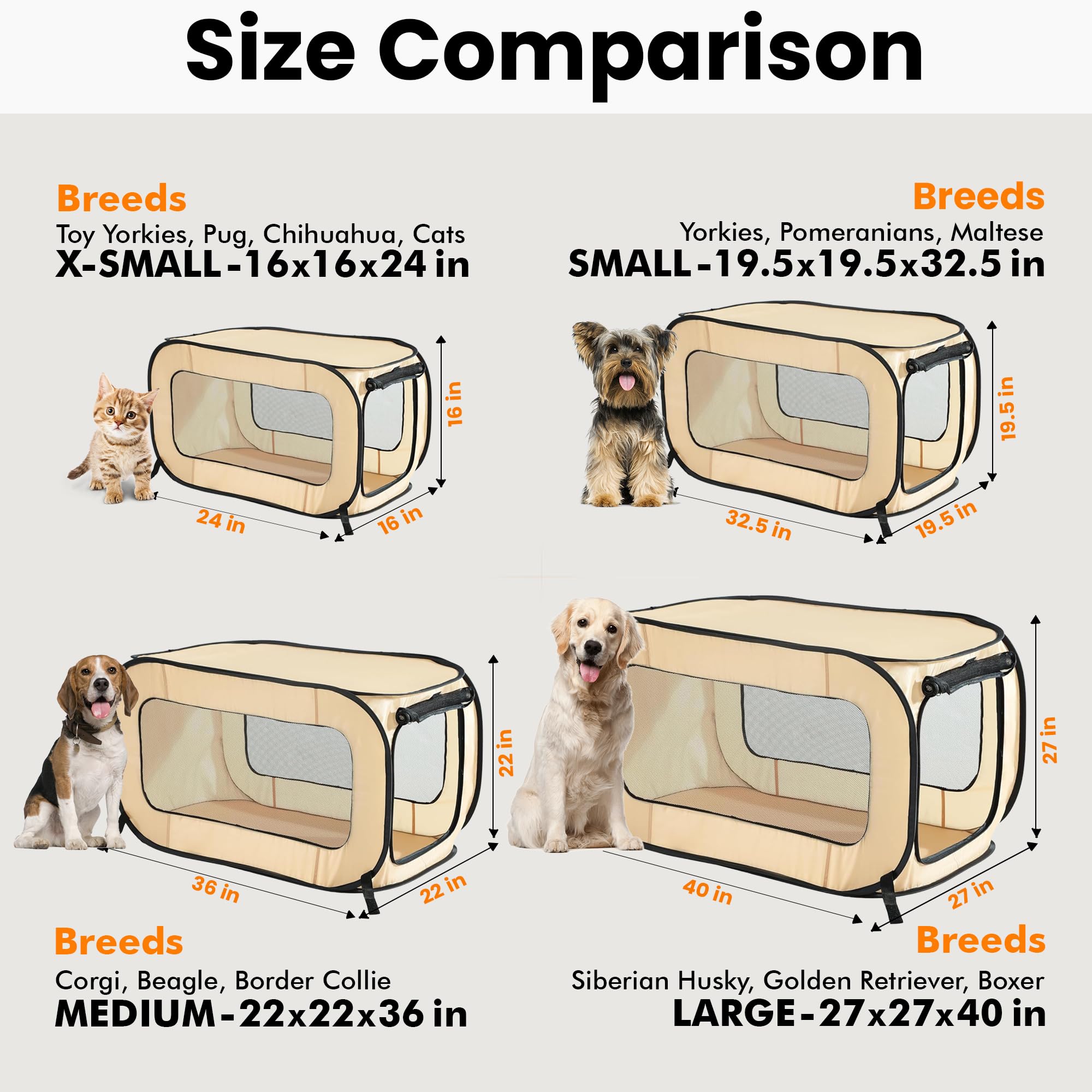Portable Collapsible Pop Up Kennel, 36" L x 22" W x 22" H, Beige
