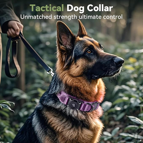 2026 Upgrade Waterproof AirTag Dog Collar, Military Tactical Dog Collar with AirTag Holder, Comfortable Control Handle and Metal Buckle, GPS Dog Collar Holder for Medium to Large Dogs (Purple, XL)
