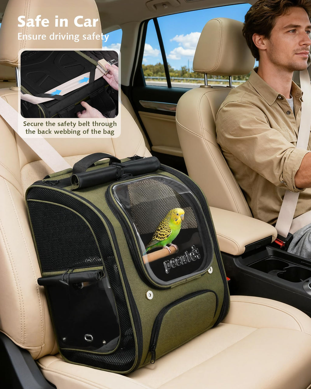 Pecute Bird Backpack Carrier with Standing Perch for Small Parrot, Green