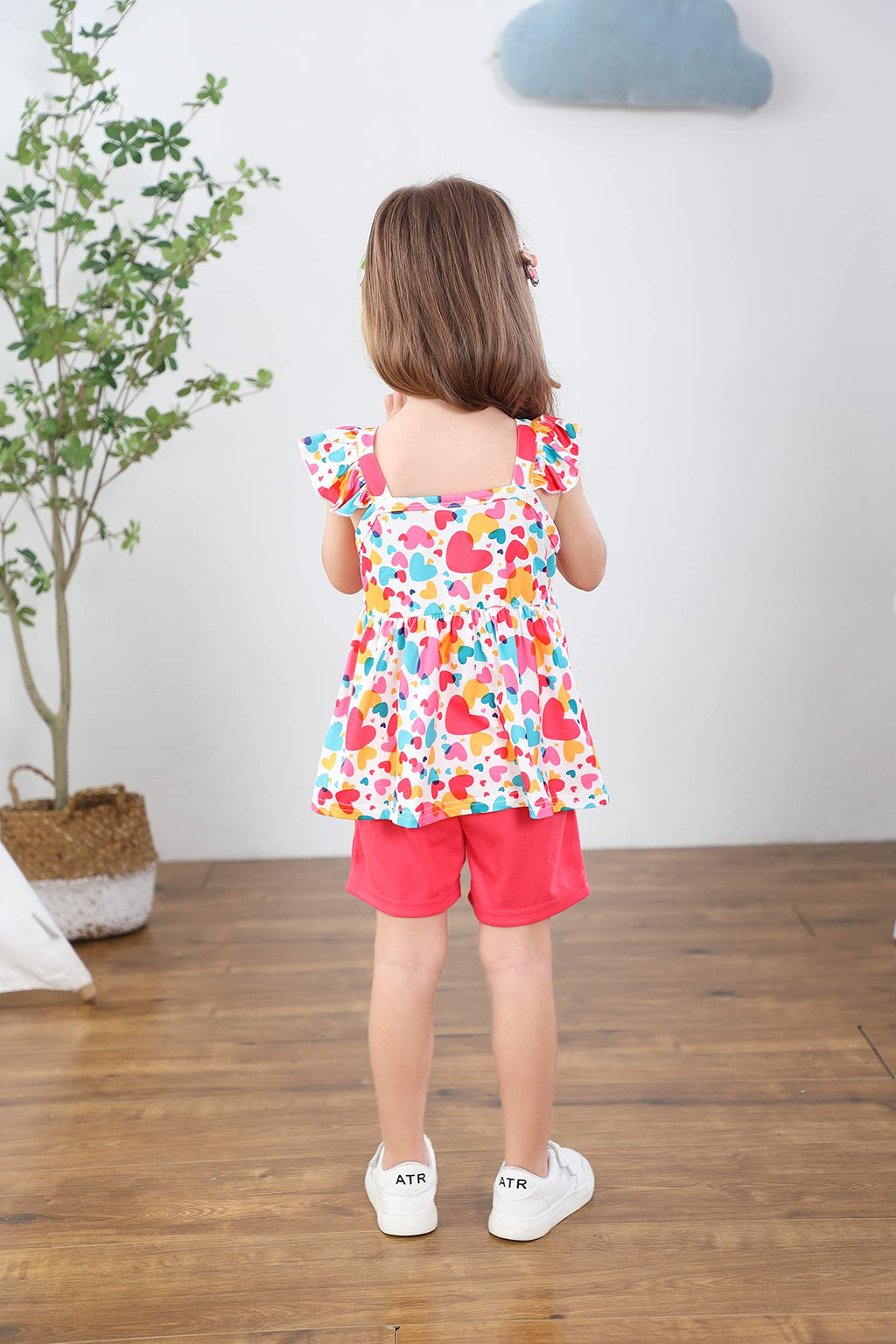 Popshion Girls Valentine's Day Outfit Toddler Girls Summer Clothes 2 Piece Set Heart Ruffle Sleeveless Shirt and Red Short Clothing Set Size 6t/6653