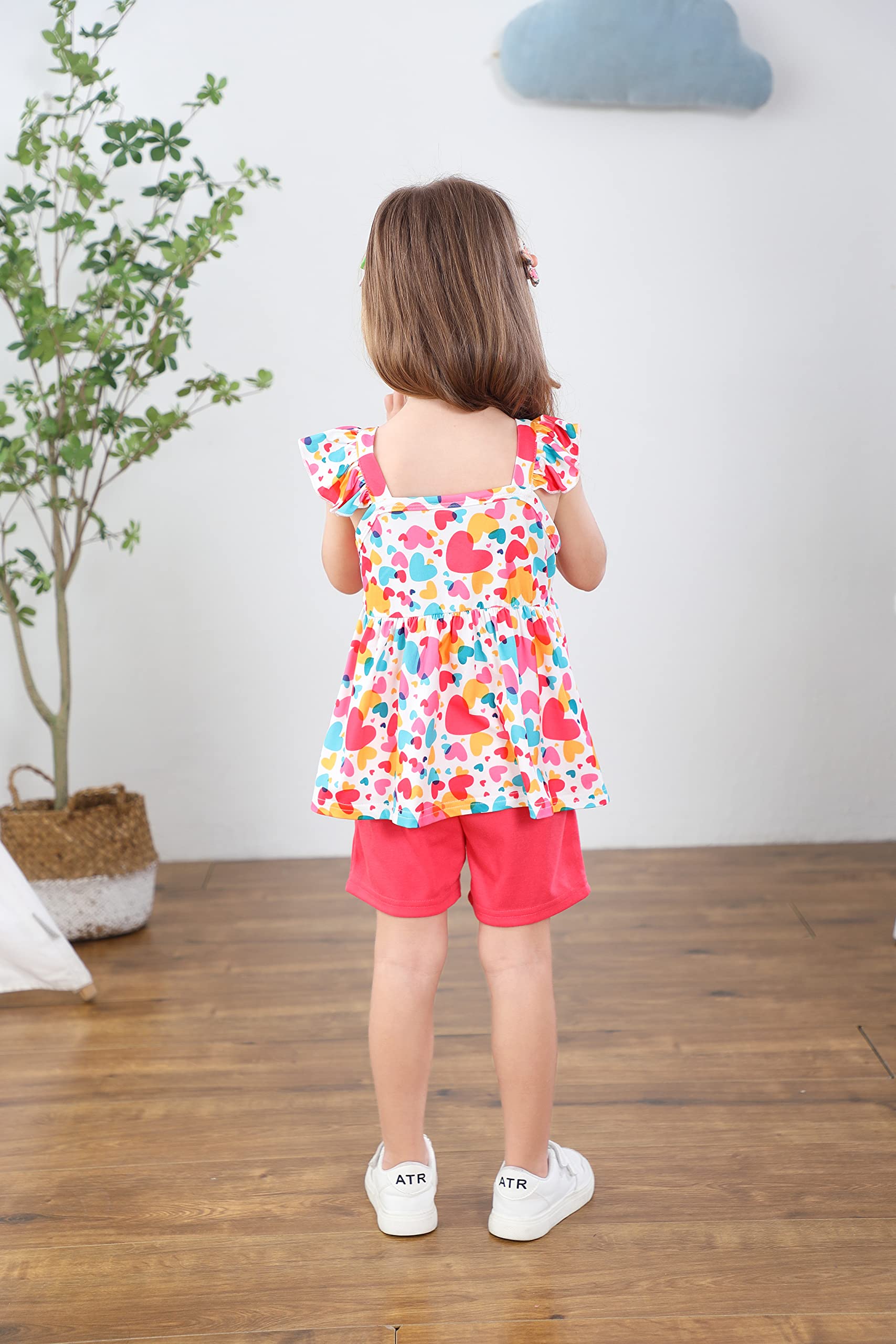 Popshion Girls Valentine's Day Outfit Toddler Girls Summer Clothes 2 Piece Set Heart Ruffle Sleeveless Shirt and Red Short Clothing Set Size 6t/6653