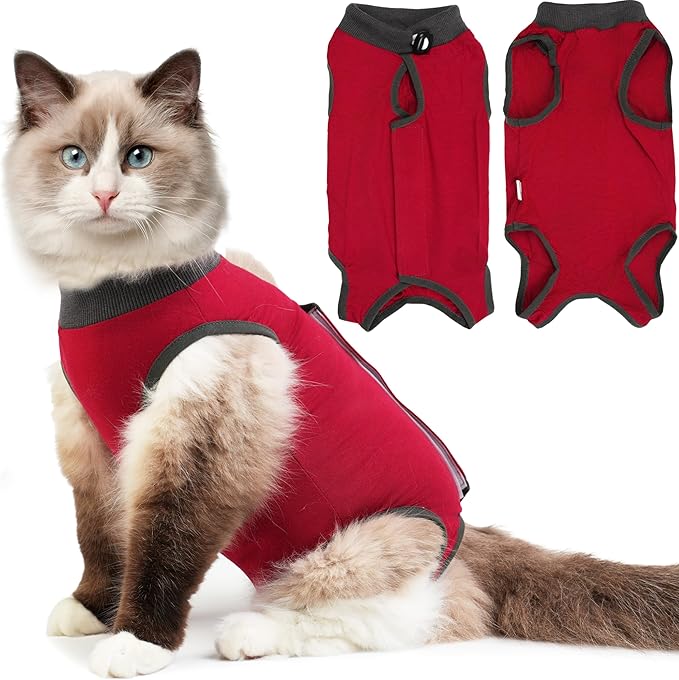 Hpetppy Cat Recovery Suit, Breathable Cat Surgery Recovery Suit Female, Kitten Onesie for After Surgery Spay Surgical Abdominal Wound Skin Diseases Cone of Shame Alternative (Red,S)