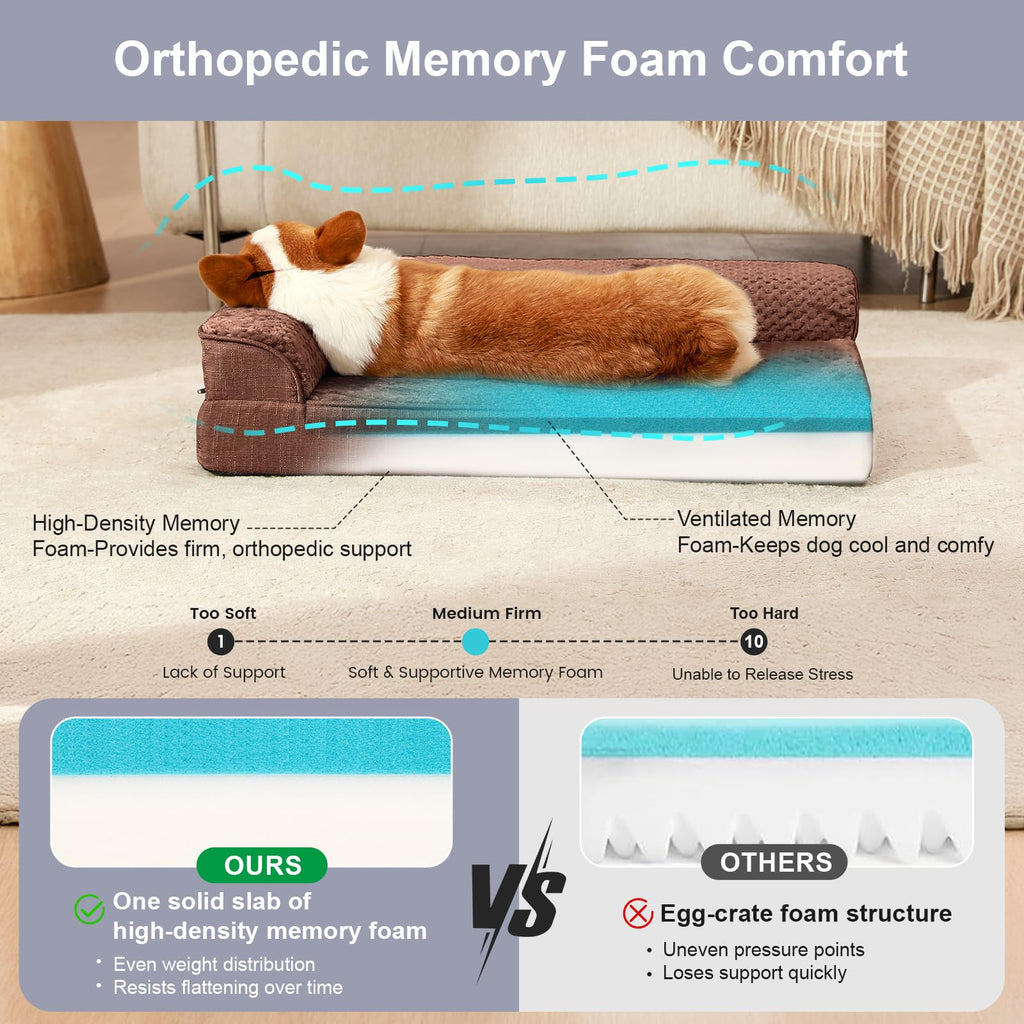 Rainmr Waterproof Dog Bed for Small Dogs - Orthopedic Memory Foam Puppy Couch Sofa, Removable Cover & Anti-Slip Bottom, 35x23 Inches, Brown