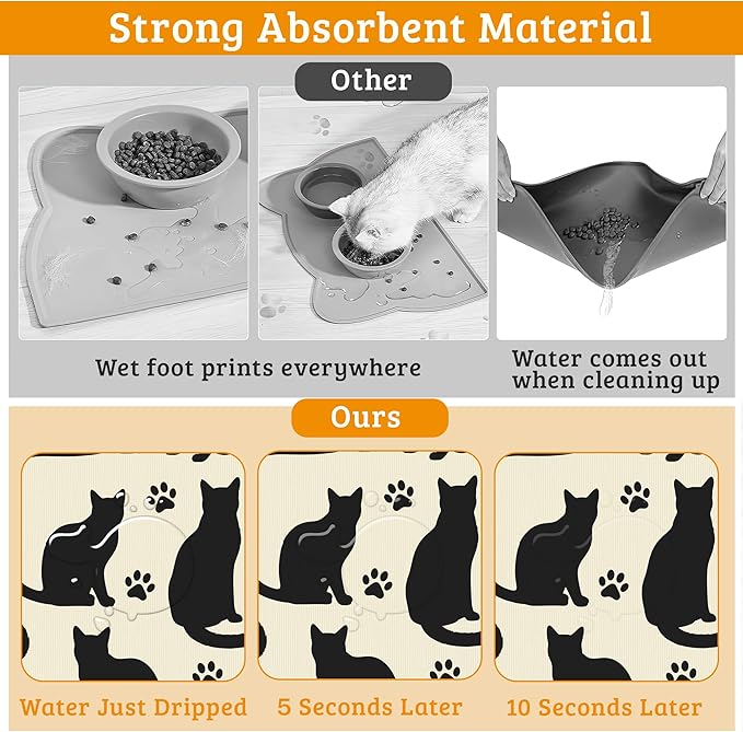 Pet Feeding Mat,Cat Silhouette Absorbent Dog Cat Food Mat Dog Mat with Rubber Backing,Non-Slip Water Bowl Placemat,Pet Supplies 16" x 24"