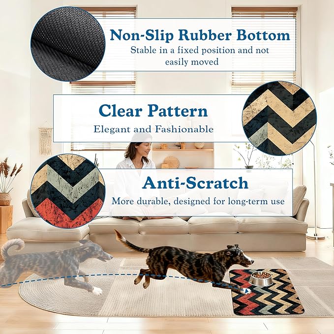 Vintage Plaid Pet Food Mat for Cats and Dogs–Absorbent Quick Dry Feeding Placemat, Non Slip Rubber Base, Waterproof Bowl Mat for Indoor Use, Pet Supplies 12"x20"